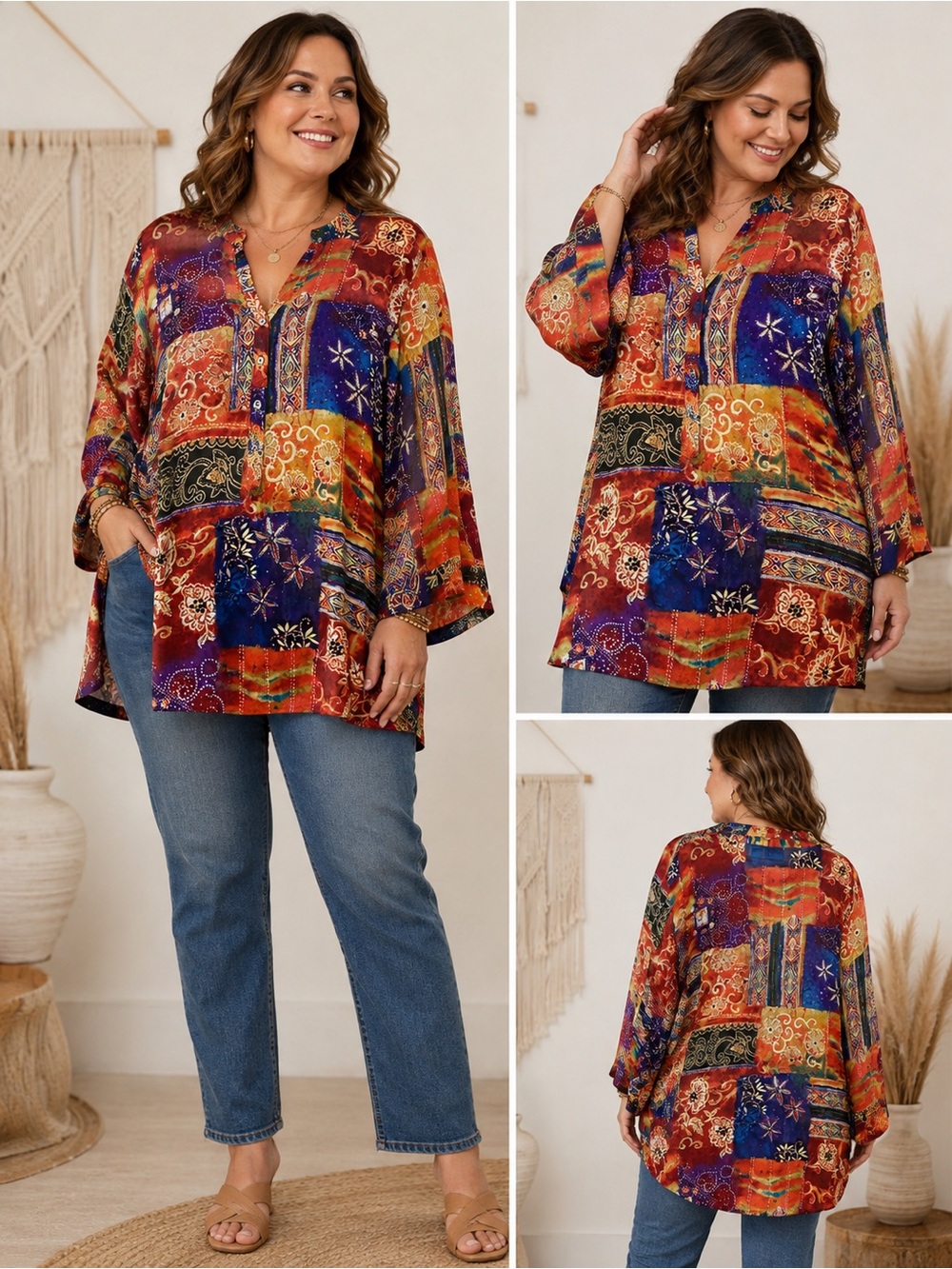 Chicos 100% Silk Gauzy Colorful Patchwork Pattern Popover Tunic EUC Size 3 Large